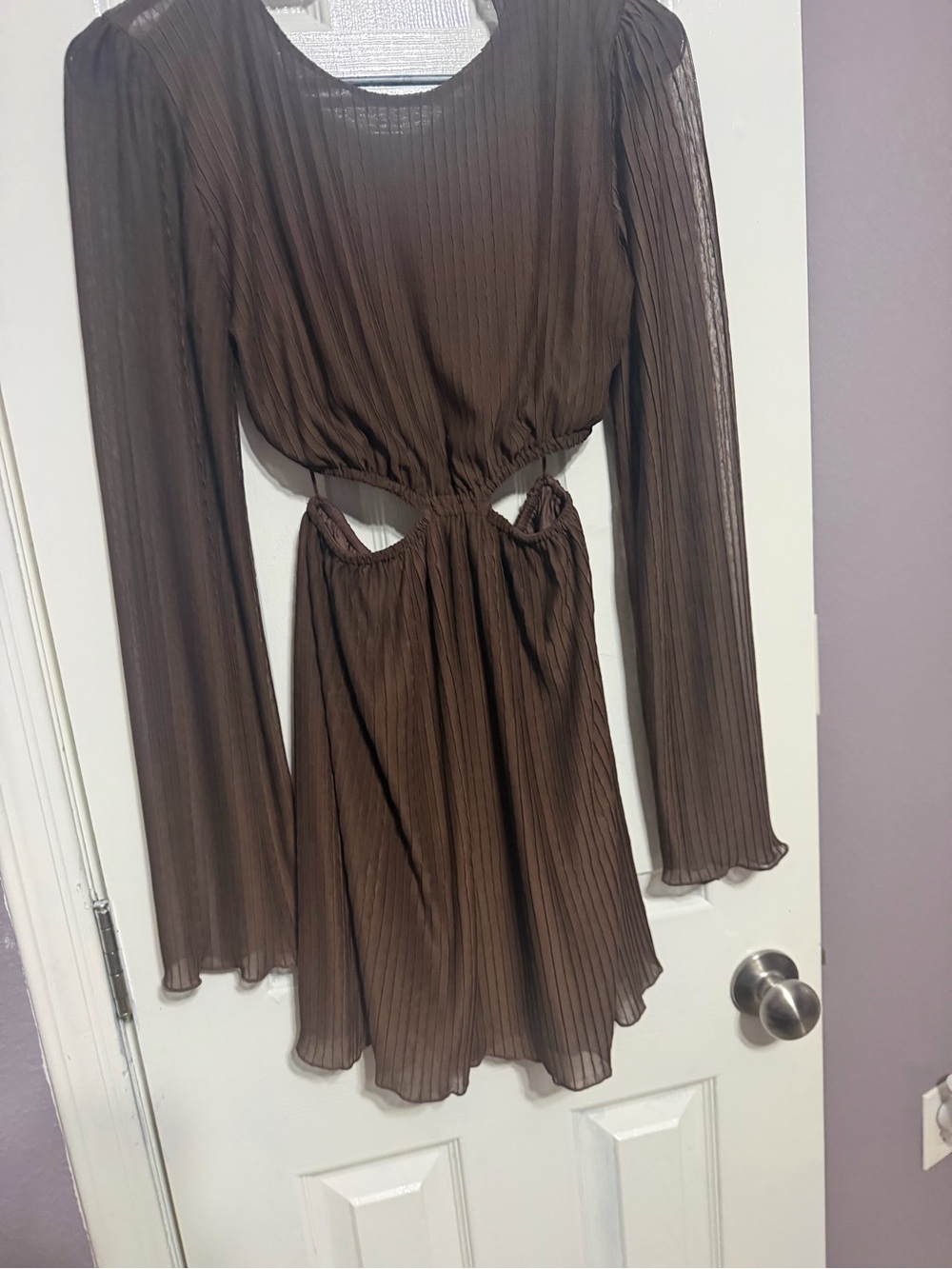Zara Brown Pleated Long-Sleeve Mini Dress with Side Cutouts